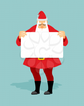 Santa with  blank sheet of white hands. Christmas character holds banner text. Elderly man with mustache and beard in red jacket.