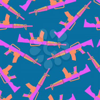 Toy guns seamless pattern. Pink slots on blue background. Cheerful childrens ornament for fabrics.
