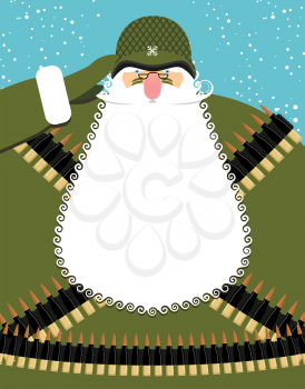 Military Santa Claus. Old soldier with beard and mustache. Military equipment: machine gun belt. Bold festive character is a veteran of fighting. Good Christmas old man defending Christmas.