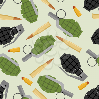 Military ammo seamless pattern. Grenade and Ammo military texture. Manual bursting grenades and cartridges for submachine gun.