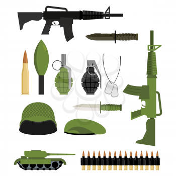 Set of icons for weapons of war. Military units: tank and grenade. Soldiers helmet and green beret. Automatic and warhead. Military collection of weapons.
