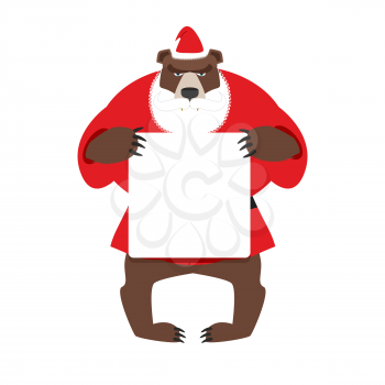 Santa bear keep clean banner with space for text. Wild animal with beard and moustache. Woodland Beast in clothes of Santa Claus: red jacket and Christmas hat.