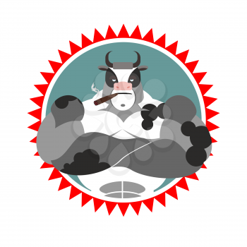 Strong Bull with glasses and with a cigar. Logo for Sports Club. Farm animal with big muscles. Logo of wild cow.
