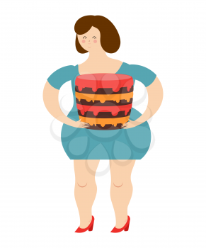 Fat cheerful woman and cake. Joy of eating. Large sweet confectionary products. Girl and sweets. Stop diet
