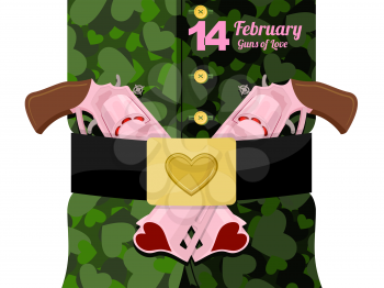 Love army uniforms. Love gun. Arms of love. Magunm charged hearts, love. Valentine's day. Illustration for 14 February Valentine's holiday. Protective clothing soldier military structure from heart.
