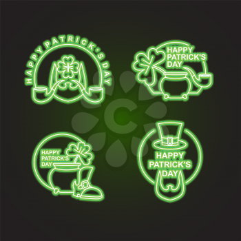 Happy Patricks day Happy set of emblems. Neon sign for pub and bar. Leprechaun beard and mug of beer. Clover and pot with gold coins. Sign for national holiday St. Patrick's day in Ireland 17 March