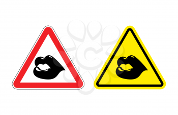 Warning sign attention kiss. Hazard yellow sign lips. Kiss a woman on  red triangle. Set of Road signs
