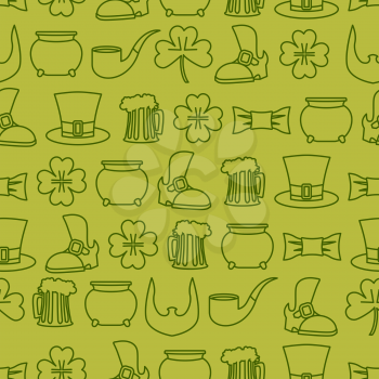 Patricks day seamless background. pattern of an old shoe and mug of ALE. Pot of gold and leprechaun beard. Pipe and tie a butterfly. Ornamnet for national Irish holiday  St. Patrick's day
