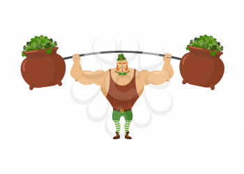 Leprechaun strongman. Powerful leprechaun athlete and rod. Pot with clover. Mythical dwarf  Bodybuilder with big muscles. Green Hat Topper and Green bow tie butterfly. Illustration for St. Patrick's d