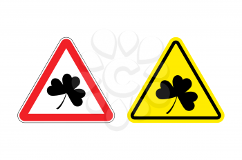 Warning sign clover. Hazard yellow sign Shamrock. Clover in  red triangle. Set of Road signs for St. Patrick's day
