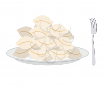 Dumplings in a plate and fork on a white background. Vector illustration
