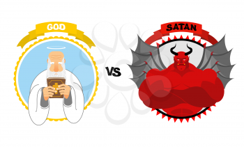 God vs Satan. Good grandfather with white beard and Halo above his head holds Bible. Dreaded Red Devil with horns and wings. Confrontation of good and evil. Avatars for  battle of heaven and hell.
