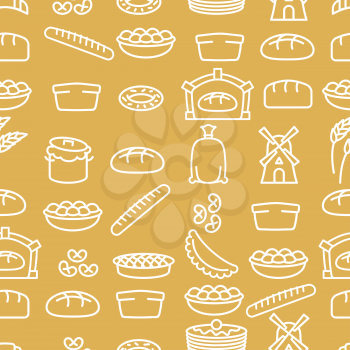 Bread and bakery products seamless pattern. Bakery items. Background from food. Baguette and pancakes. Pie and tart. Pan with batter and mill. Sack of flour and wheat ears. Bread oven and grain
