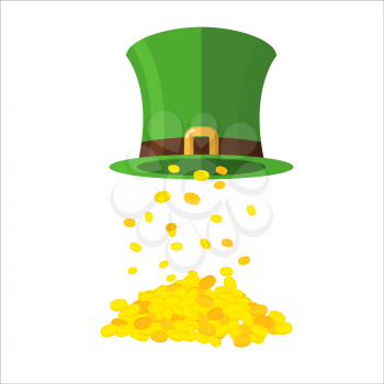 Gold and leprechaun Hat Topper. Gold coins poured from caps. Gold Mountain, wealth. Illustration of the feast of St. Patrick in Ireland
