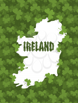 Map of Ireland. Gothic font and clover. Country abounds in Shamrock. Grass texture background