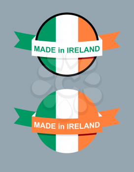 Made in Ireland. logo for product. Map of Ireland and Ribbon with colors of Irish flag. Label template for production of
