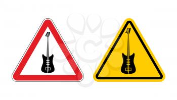 Warning sign attention to music. Guitar yellow label. Music tools  red triangle. Set of road signs