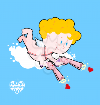 Happy Valentines day. Cupid shoots hearts. Love gun. Two pistols in  hands of  little angel. Cute Cupid on a cloud. Valentine. Postcard for international romantic holiday February 14. Winged angel in 