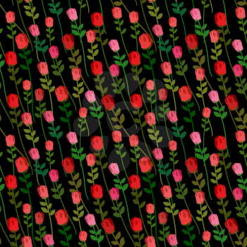 Red Roses on a black background seamless pattern. Vector Onament of beautiful flowers.

