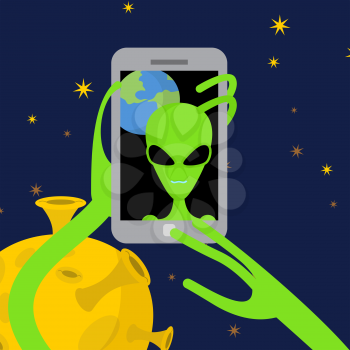Alien makes selfie in space. Space alien takes pictures of herself on phone against a backdrop of planet Earth. Vector illustration.