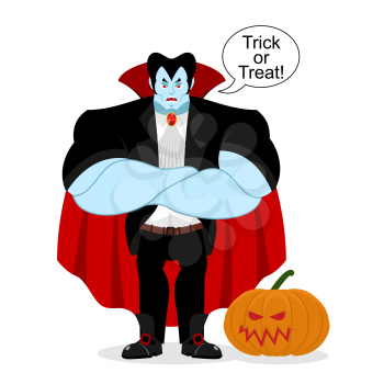Dracula and pumpkin. Serious Powerful vampire guards vegetable. Strong demon crossed his arms. Red cape. trick or treat. Halloween illustration
