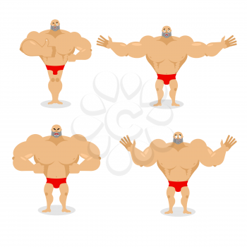 Muscled set poses. Expression of emotions athlete. Evil and good big man. Sad and happy man. Big strong bodybuilder.
