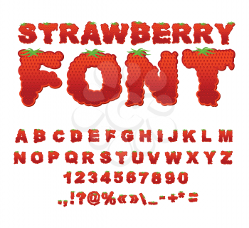 Strawberry font. Berry ABC. Red fresh fruit alphabet. Letters from bright red fetus
