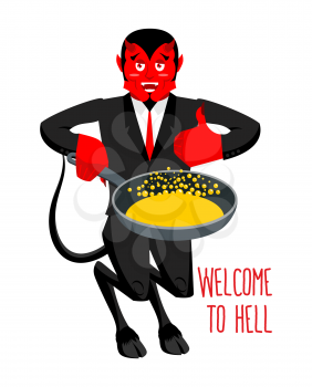 Welcome to Hell. Devil holding frying pan for sinners. Satan invites in purgatory. Red demon with horns and tail. Lucifer boss with horns. Religious and mythological character,   supreme spirit of evi