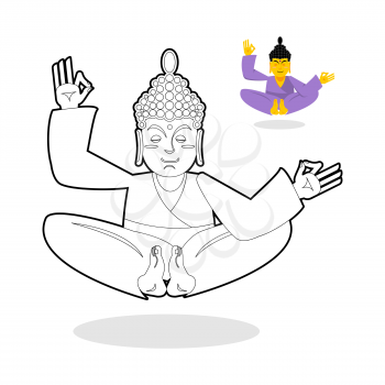 Buddha coloring book. Indian god meditating on white background. Status of nirvana and enlightenment. People sitting in lotus pose