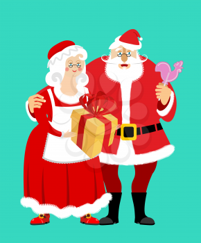 Santa and Mrs. Claus isolated. Christmas family. Woman in red dress and white apron. Cheerful elderly. New Year menage. Gift and Rooster Lollipop
