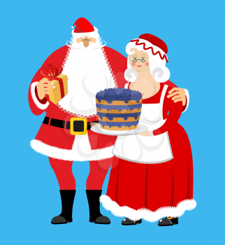 Santa and Mrs. Claus isolated. Christmas family. Woman in red dress and white apron. Cheerful elderly. New Year menage. 
