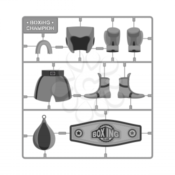 Boxing set. Collection champion. Gloves and protective helmet. Sports shorts and cap. punching bag and winner belt. Plastic Model kit
