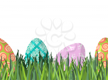 Easter eggs and green grass seamless horizontal ornament. Pattern for religious holiday. Bright Easter egg is beautiful. Green Lawn
