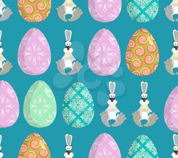Happy Easter. Easter seamless pattern. Traditional eggs. Rabbit ornament. Festive background for Easter. Painted, decorated eggs. Hare for holiday
