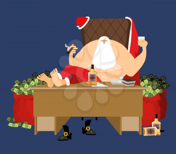 Santa after work relaxes. Rich Claus and red bag with money. Drink and Cigar. bottle of whiskey and glass with ice. Office workplace. Earnings for Christmas. Cool old man. Xmas gainings. New Year inco
