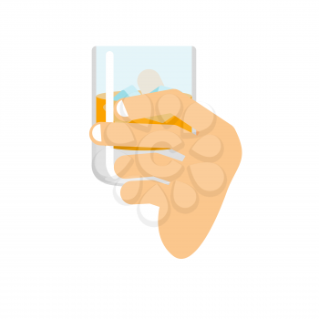 Hand holding whiskey and ice. Fingers and glass of scotch. Drink on white background. Alcohol illustration
