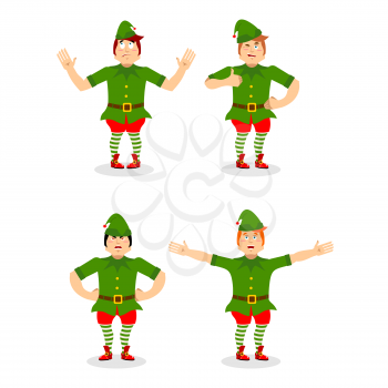 Christmas elf set. Various movements assistant of Santa Claus. Surprised and sleep little man in green suit. Aggressive and good character for new year
