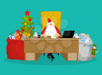 Santa job. Claus checks mail from children. Big bag of incoming post. Red gift sack of toys and sweets. Grandfather sits with his assistants for sitting at table in office. Santas Elves prepare gifts.