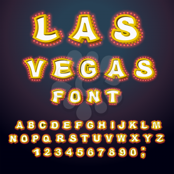 Las Vegas font. Glowing lamp letters. Retro Alphabet with lamps. Vintage show ABC with light bulb. Glittering lights lettering
