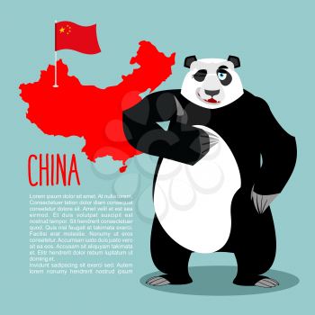 Panda and map and flag of China. Chinese medvde showing thumbs up and winking. Good animal sign okay.