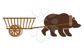 Russian wain and bear. Traditional carriage in Russia. National folk transport. Drawn by wild beast
