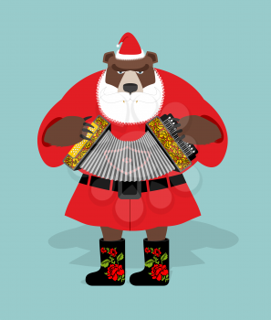 Russian bear in guise of snata Claus. Wild animal in Christmas attire. New years character. Russian national texture.
