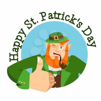 Happy St.Patrick 's Day. Leprechaun winks. Dwarf with red beard thumbs up. Irish elf emotions. Holiday in Ireland
