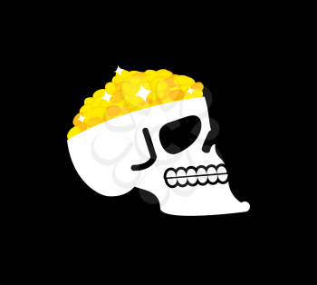 Skull with gold. pirate casket. head of skeleton and golden coins
