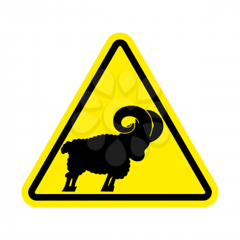 Attention ram. Caution farm animal Sheep. Yellow prohibitory road sign