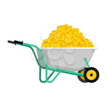 Wheelbarrow and bitcoin. Cryptocurrency in garden trolley. Virtual Cash. Vector Illustration
