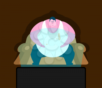 Fat guy is sitting on chair and TV. Glutton Thick man and televisor. fatso vector illustration