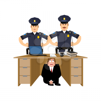 Businessman scared under table of policemen. frightened business man under work board. Arrest police. Boss fear office desk. To hide from justice. Vector illustration