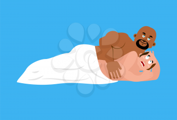 Broke Straight Boy. fear straight. Mans phobia. In bed with gay. Big gay is African American. Vector illustration
