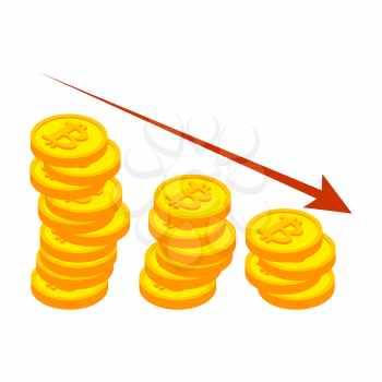 Falling bitcoin graph. Decrease in Cryptocurrency. Virtual money. Vector illustration
